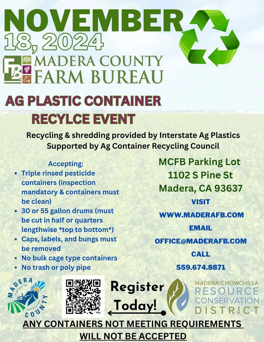 Ag Plastic Container Recycling Event flyer